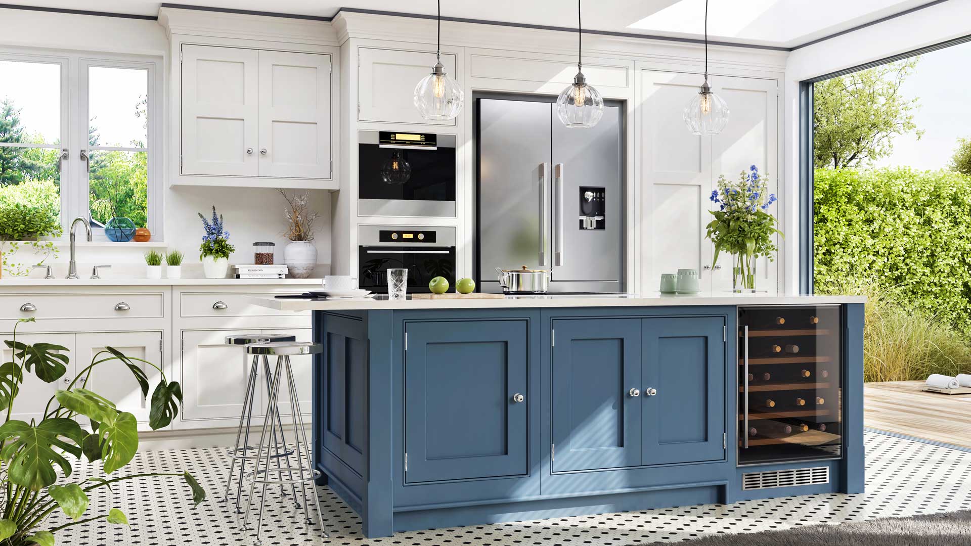 a kitchen with a blue island in the middle of it.