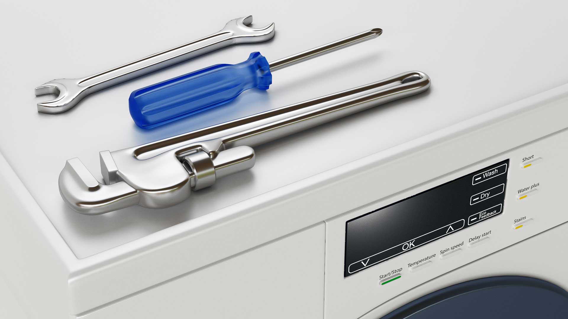 a close up of a washing machine with a blue handle.